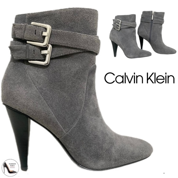 Calvin Klein Cambria Gray Suede Leather High Stiletto Heel Ankle Boots Booties 7 - Picture 1 of 14